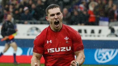 George North celebrates his try for Wales in their win over France in Paris in the Six Nations. EPA