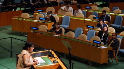 India's Foreign Minister Sushma Swaraj addresses the United Nations General Assembly. AFP