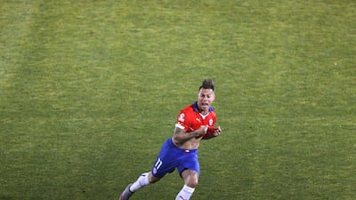 Chile's Eduardo Vargas celebrates after scoring his second, winning goal against Peru on Monday night in the Copa America semi-final in Santiago. Juan Carlos Cardenas / EPA / June 29, 2015