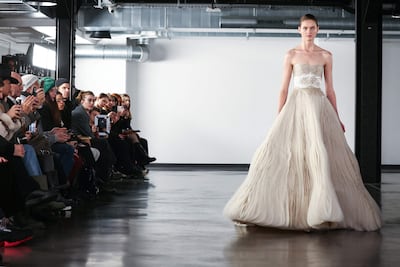 Rami Al Ali’s Fragments in Harmony saw sculptural silhouettes brought to life with glittering handwork. AFP