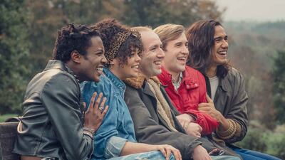 From left, Omari Douglas as Roscoe Babatunde, Lydia West as Jill Baxter, David Carlyle as Gregory Finch, Calum Scott Howells as Colin Morris-Jones and Nathaniel Curtis as Ash Mukherjee in Channel 4's 'It's a Sin'. Photo: HBO Max