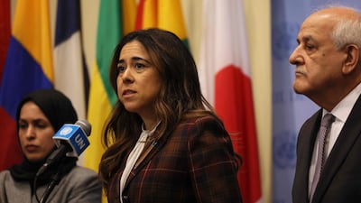 Permanent Representative of the UAE to the UN Ambassador Lana Nusseibeh speaks during a press conference after a UN Security Council meeting on the Middle East. AFP