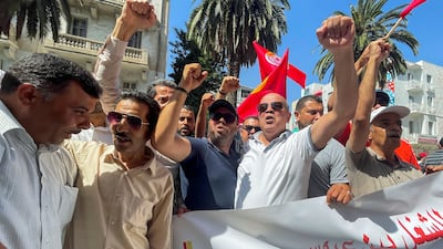 Tunisian General Labour Union supporters outside their Tunis headquarters during a national public strike on June 16. After several months of technical discussions with authorities, the IMF is ready to start programme negotiations in the coming weeks. Reuters