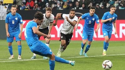 Yonatan Cohen misses a penalty for Israel against Germany/ AFP