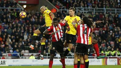 Watford’s Sebastian Prodl heads at goal. Andrew Yates / Reuters