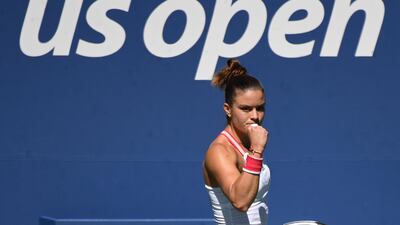 Maria Sakkari reacts after winning a point against Amanda Anisimova. Reuters