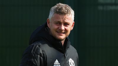 Manchester United manager Ole Gunnar Solskjaer leads his team's training session at the Carrington Training Centre in Manchester. EPA