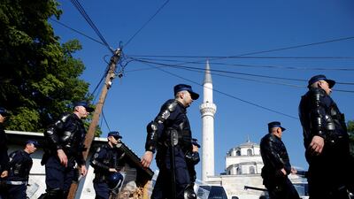 Member of a special police unit take up positions in front of the Ferhadija mosque before an opening ceremony in Banja Luka on May 7, 2016. Dado Ruvic/Reuters
