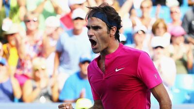 Roger Federer reacts during his Cincinnati Masters semi-final win over Andy Murray on Saturday to reach the ATP tournament's final against Novak Djokovic. Maddie Meyer / Getty Images / AFP / August 22, 2015