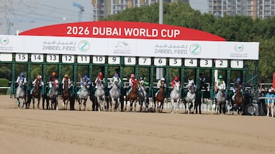 Line-up at start of the Dubai Kahayla Classic - the opening race of the Dubai World Cup 2026. EPA