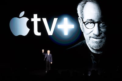 Director Steven Spielberg speaks during an event launching AppleTV+ at Apple headquarters in Cupertino, California on March 25. AFP