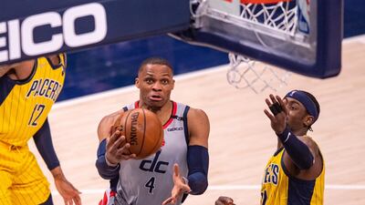 Washington Wizards guard Russell Westbrook drives to the basket against the Indiana Pacers at Bankers Life Fieldhouse. Reuters