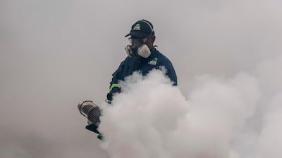 A worker fumigates against the Aedes aegypti mosquito in a neighbourhood in Panama City. AFP