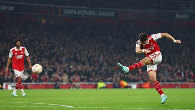 Arsenal's Kieran Tierney scores the only goal of the game against FC Zurich in the Europa League match at the Emirates Stadium on Thursday, November 4, 2022. Reuters