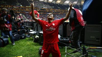 Carlos Bacca celebrates scoring the winning goal for Sevilla in the Europa League final against Dnipro. Kai Pfaffenbach / Reuters / 27 May, 2015