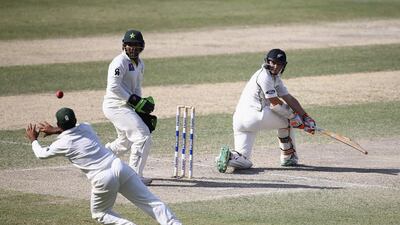 Tom Latham was caught out by Asad Shafiq in New Zealand’s second innings in the Dubai Test. Francois Nel / Getty Images
