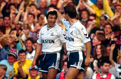 Mohamed Nayim of Spurs celebrates with teammate David Howells after scoring against Sheffield United on October 20, 1990. Getty Images