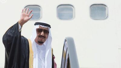 Saudi King Salman waves before his trip to Jeddah, in Riyadh, Saudi Arabia. Reuters