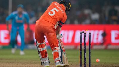 Netherlands' Bas de Leede is bowled by India's Jasprit Bumrah. AP
