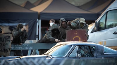 Actors and extras appeared to be taking part in a protest scene. Getty Images