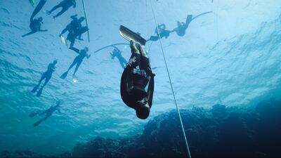 Shrereen Ramadan, one of Egypt's deepest free-divers, in the Constant Weight Monofin free-diving discipline in Egypt's Blue Hole competition. Jack Lawes for The National