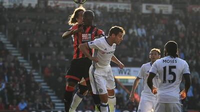 Benik Afobe of Bournemouth wins a header. Mike Hewitt / Getty Images