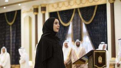Shamma Al Mazroui, UAE Minister of State for Youth Affairs, gives an oath during a swearing-in ceremony for ministers of the UAE. Ryan Carter / Crown Prince Court - Abu Dhabi