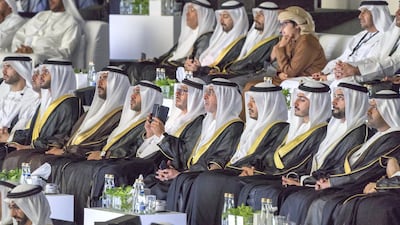 From second left to right, Sheikh Zayed bin Sultan bin Khalifa, Sheikh Mohamed bin Sultan bin Khalifa, Sheikh Sultan bin Tahnoon, Abu Dhabi Executive Council Member, Sheikh Rashid bin Hamdan, Sheikh Ahmed bin Hamdan, Sheikh Sultan bin Mohamed, Sheikh Diab bin Saif, Sheikh Sultan bin Saeed, and other dignitaries attend the opening ceremony of The Founder's Memorial.Mohamed Al Hammadi / Crown Prince Court - Abu Dhabi
