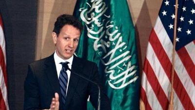 US Treasury Secretary Timothy Geithner speaks to Saudi business leaders in the commercial hub of Jiddah, Saudi Arabia, in July.
