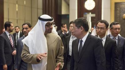 Sheikh Mohammed bin Zayed, Crown Prince of Abu Dhabi and Deputy Supreme Commander of the Armed Forces, with mayor of Shanghai Yang Xiong, during a reception at the Shangri-La Shanghai hotel. Ryan Carter / Crown Prince Court – Abu Dhabi