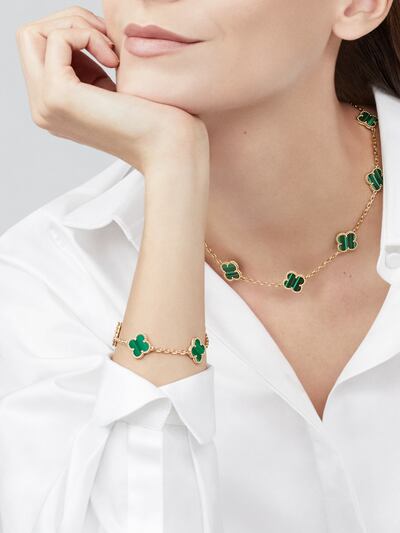 Vintage Alhambra bracelet in malachite, Dh23,000, and necklace, Dh37,600, Van Cleef & Arpels. Photo Van Cleef & Arpels