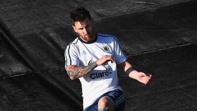 Lionel Messi trains with the Argentina national team at the San Jose State University. Mark Ralston / AFP