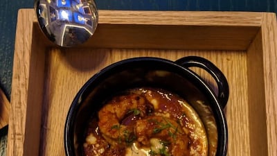 Smoked prawns saganaki with ouzo and metz at Mazi