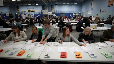 Staff members count votes at a counting centre during Britain's general election, Bath, Britain. Reuters