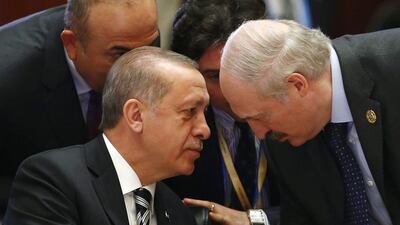 Turkey’s president Recep Tayyip Erdogan talks to Belarus president Alexander Lukashenko on May 15, 2017 in Beijing, where the Turkish leader is attending the Belt and Road Forum before travelling to the United States. Thomas Peter / Getty Images