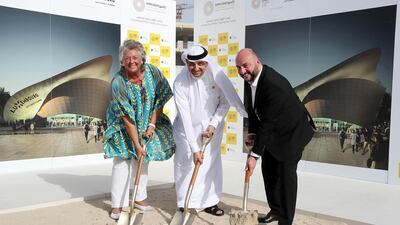 DUBAI , UNITED ARAB EMIRATES , APRIL 29 – 2018 :- Left to Right – Maggy Nagel , General Commissioner of the Luxembourg Pavilion and President of the Board of Management of Luxembourg at Expo 2020 Dubai , Najeed Mohammed Al Ali , Executive Director , Dubai Expo 2020 Bureau and Etienne Schneider , Deputy Prime Minister of Luxembourg during the ground breaking ceremony of the Luxembourg Pavilion at the Expo 2020 site in Dubai. ( Pawan Singh / The National ) For News. Story by Mustafa