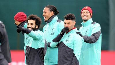 From left to right: Liverpool's Mohamed Salah, Alex Oxlade-Chamberlain, Virgil Van Dijk and Dejan Lovren at Melwood Training Ground. All pics Liverpool FC via Getty