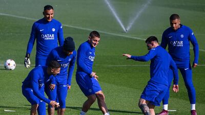Goalkeeper Keylor Navas, Kylian Mbappe and PSG teammates during training. AFP
