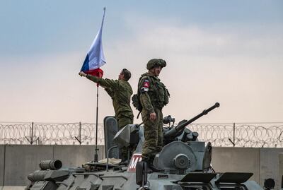 Russian troops on patrol with Turkish forces in Syria's northeastern Hasakah province, November 1, 2019. AFP