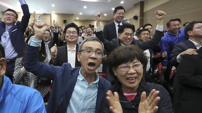 Supporters of the presidential candidate Moon Jae-in of the Democratic Party react as they watch televisions broadcasting results of exit polls for presidential election at National Assembly in Seoul, South Korea on May 9, 2017. Exit polls in South Korea are forecasting a win by liberal candidate Moon in an election to succeed ousted president Park Geun-hye. Lee Jin-man / AP Photo