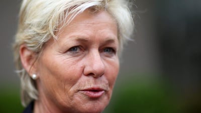 Silvia Neid, coach of Germany's women's national soccer team, talks to journalists at the airport in Frankfurt Main, Germany, 31 May 2015. Germany's national team departed to Canada for the Fifa Women's World Cup. EPA/FREDRIK VON ERICHSEN