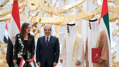 Sheikh Mohamed bin Zayed, Crown Prince of Abu Dhabi and Deputy Supreme Commander of the UAE Armed Forces, and Egyptian President Abdel Fattah El Sisi, agree to establish a joint strategic investment platform between the UAE and Egypt. Seen with Dr Sultan Al Jaber, Minister of State and chief executive of Adnoc Group. Courtesy Sheikh Mohamed bin Zayed Twitter
