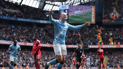 Manchester City's Erling Haaland celebrates completing his hat-trick. Reuters