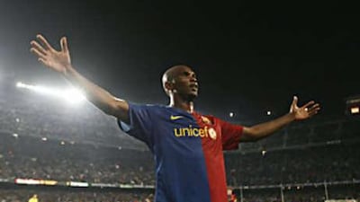 Barcelona's Samuel Eto'o celebrates one of the four goals that he scored against Valladolid.