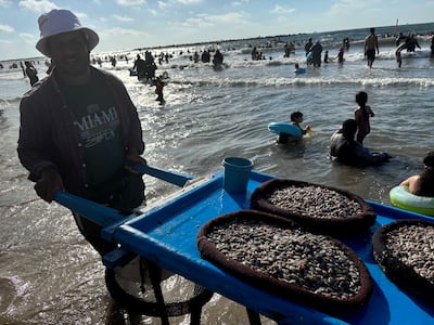 A man selling seafood on a beach in Egypt’s Mediterranean resort of Ras El Bar north of Cairo. Hamza Hendawi / The National