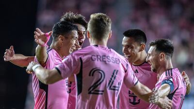 Inter Miami forward Luis Suarez celebrates scoring the opening goal with teammates. EPA