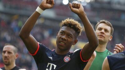 Football Soccer - VfB Stuttgart v Bayern Munich - German Bundesliga - Mercedes-Benz Arena, Stuttgart, Germany 09/04/16 Bayern Munich's David Alaba celebrates after the match REUTERS/Kai Pfaffenbach DFL RULES TO LIMIT THE ONLINE USAGE DURING MATCH TIME TO 15 PICTURES PER GAME. IMAGE SEQUENCES TO SIMULATE VIDEO IS NOT ALLOWED AT ANY TIME. FOR FURTHER QUERIES PLEASE CONTACT DFL DIRECTLY AT + 49 69 650050.
