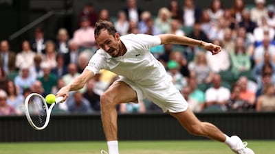 Daniil Medvedev on his way to a 6-7, 6-4, 7-6, 2-6, 6-3 victory over Jannik Sinner in the quarter-finals of Wimbledon at the All England Club, on July 9, 2024. Getty Images