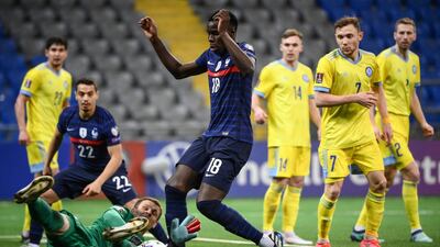 France defender Kurt Zouma misses a chance to score. AFP