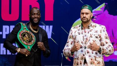 Deontay Wilder and Tyson Fury on stage as they face off one last time prior to their world heavyweight championship fight at the MGM Grand Garden Arena on February 22 in Las Vegas. EPA